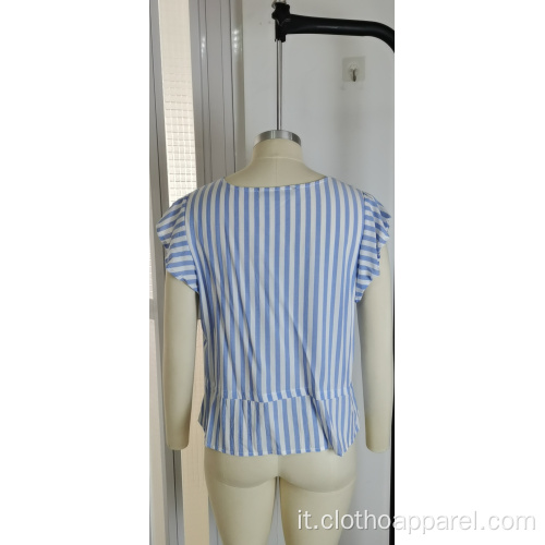 Top casual a maniche corte con scollo a V estivo a righe blu scuro